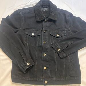 Triot Los Angeles Mens Black Denim Trucker Style Jacket Fleece Lined Collar Sz L